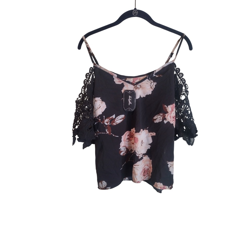 Soly Hux Womens Floral Cold Shoulder Top Crochet Lace Sleeve Black Pink Large